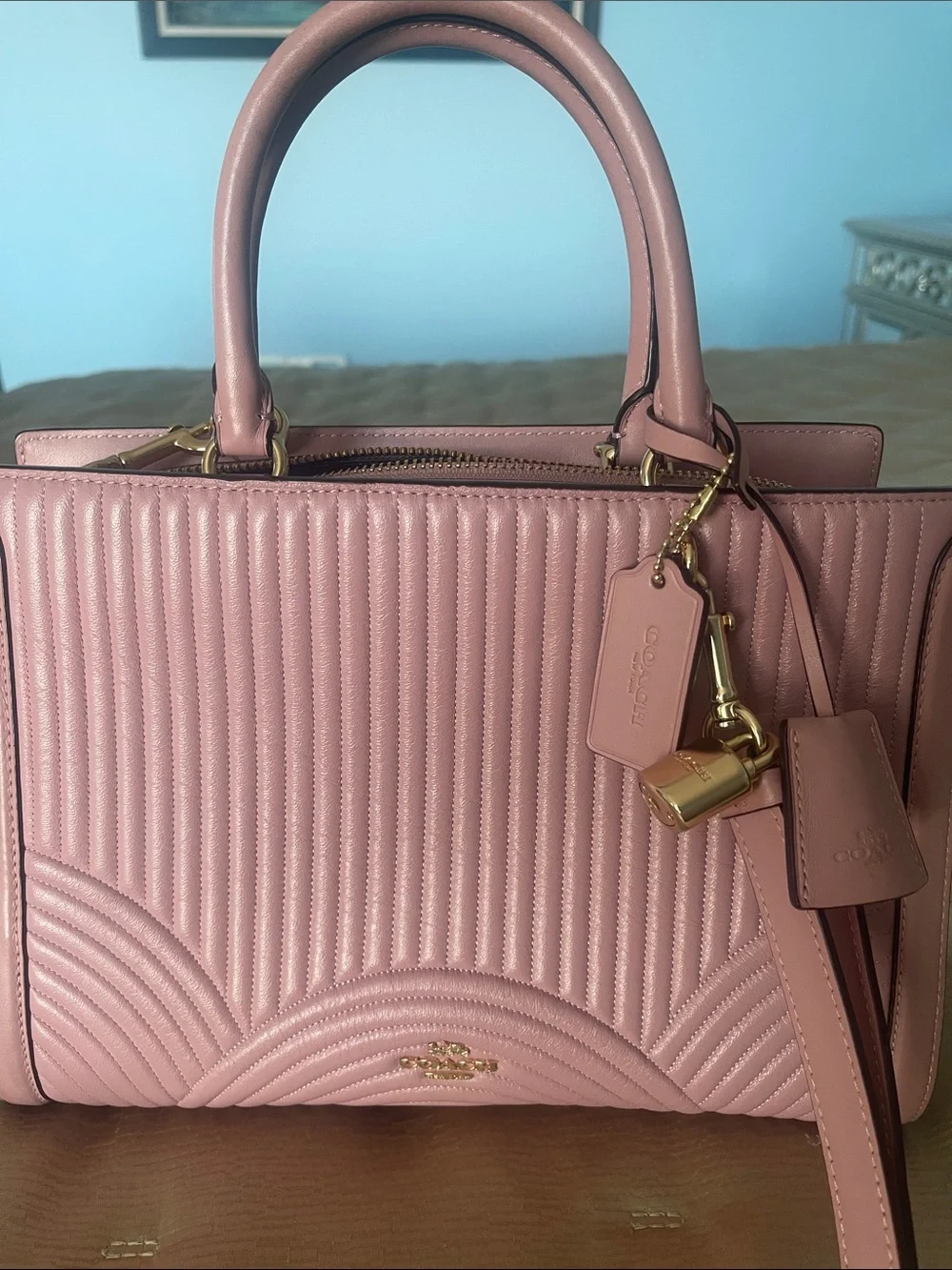 Coach Quilted Leather Satchel in Light Pink with Gold Hardware
